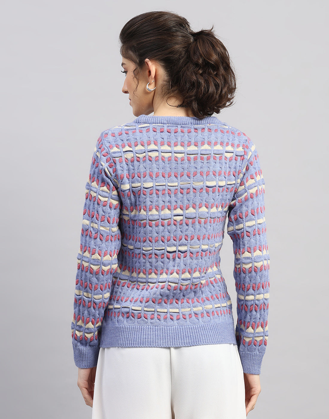 Women Light Blue Solid Round Neck Full Sleeve Winter Top