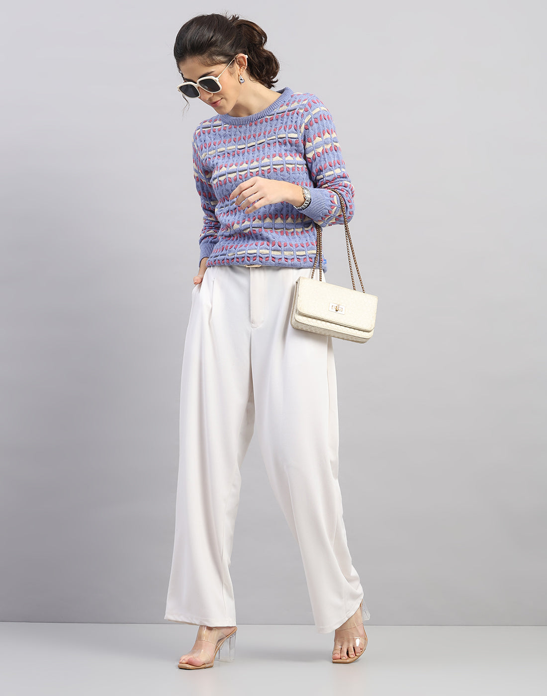 Women Light Blue Solid Round Neck Full Sleeve Winter Top