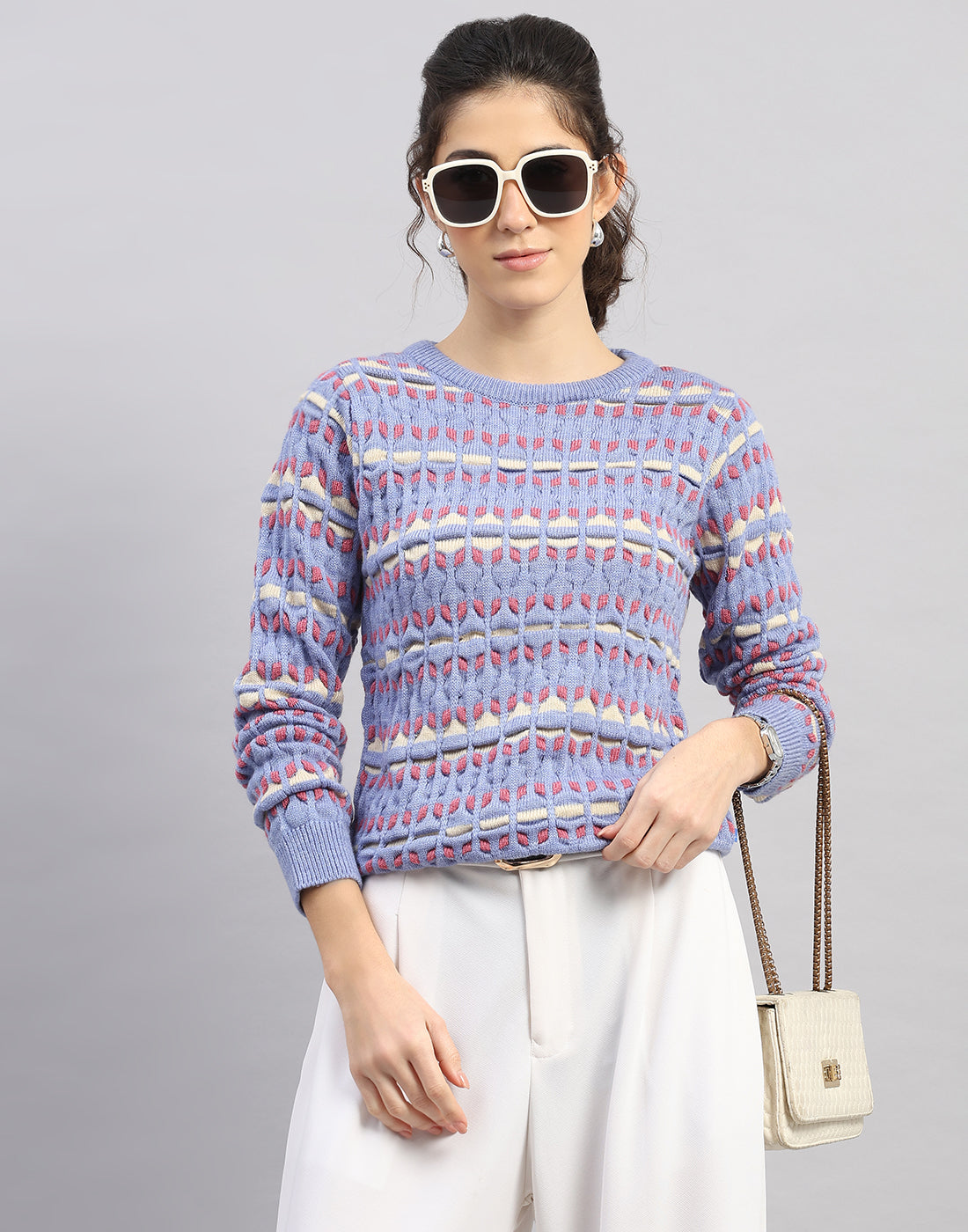 Women Light Blue Solid Round Neck Full Sleeve Winter Top