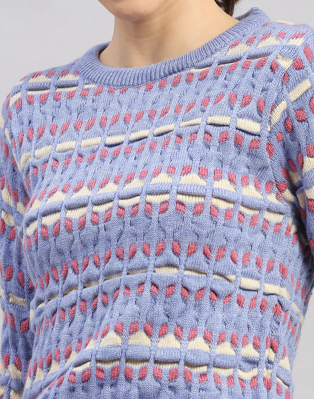 Women Light Blue Solid Round Neck Full Sleeve Winter Top