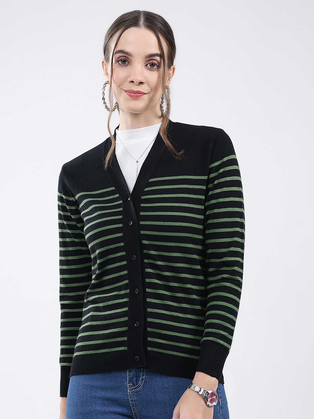 Women Black Stripe V Neck Full Sleeve Cardigan