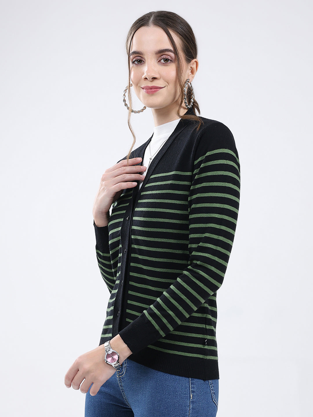 Women Black Stripe V Neck Full Sleeve Cardigan