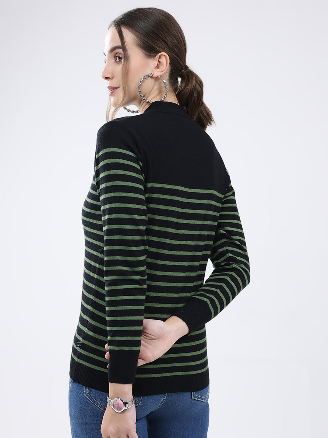 Women Black Stripe V Neck Full Sleeve Cardigan