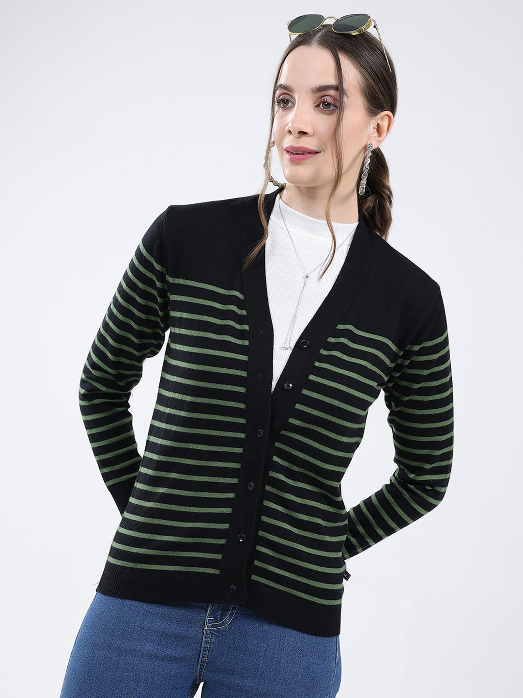 Women Black Stripe V Neck Full Sleeve Cardigan