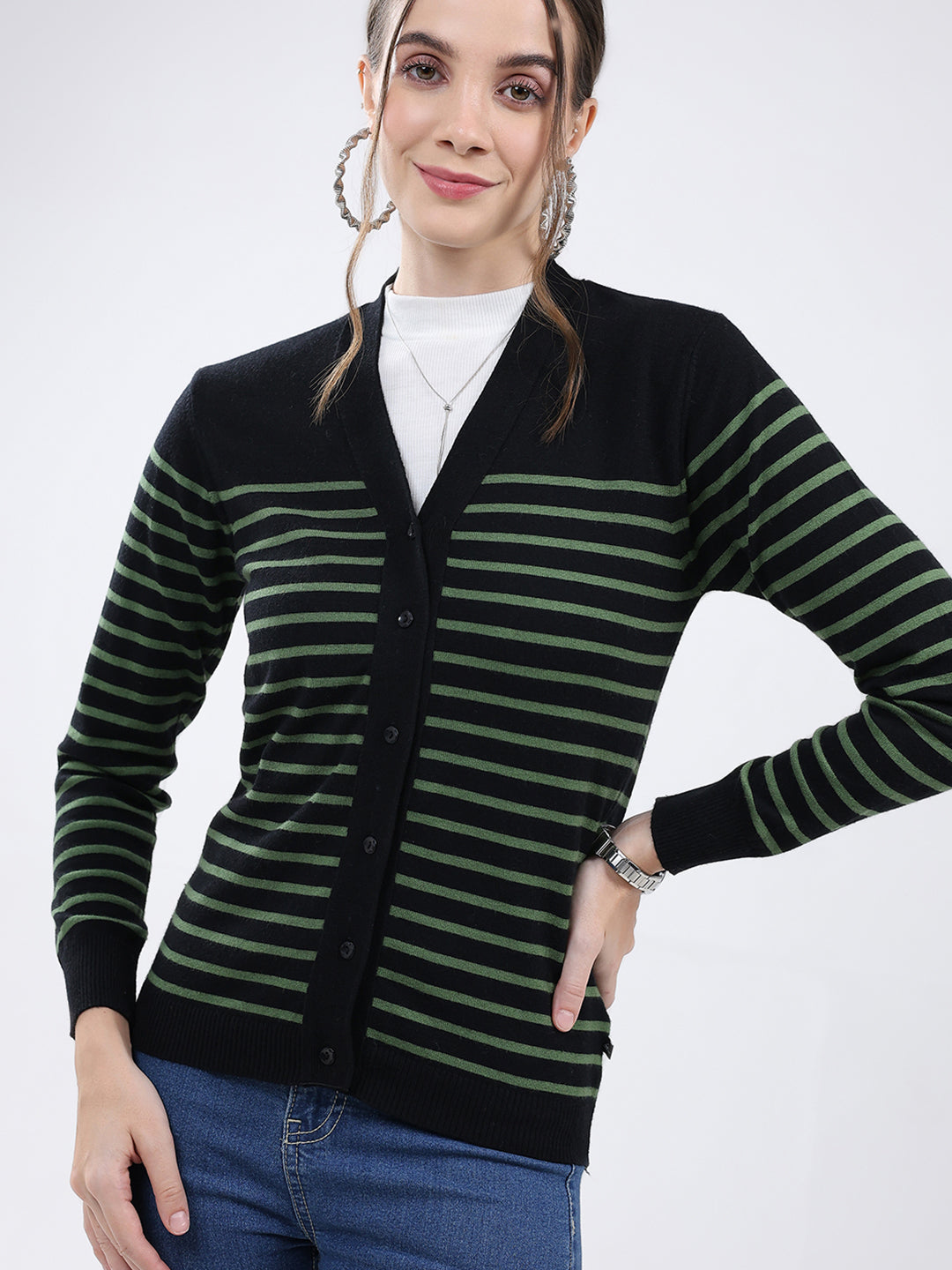 Women Black Stripe V Neck Full Sleeve Cardigan