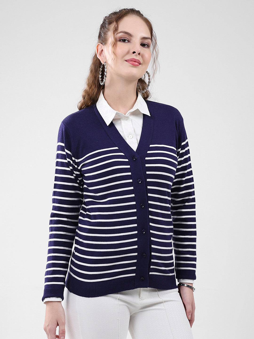 Women Blue Stripe V Neck Full Sleeve Cardigan