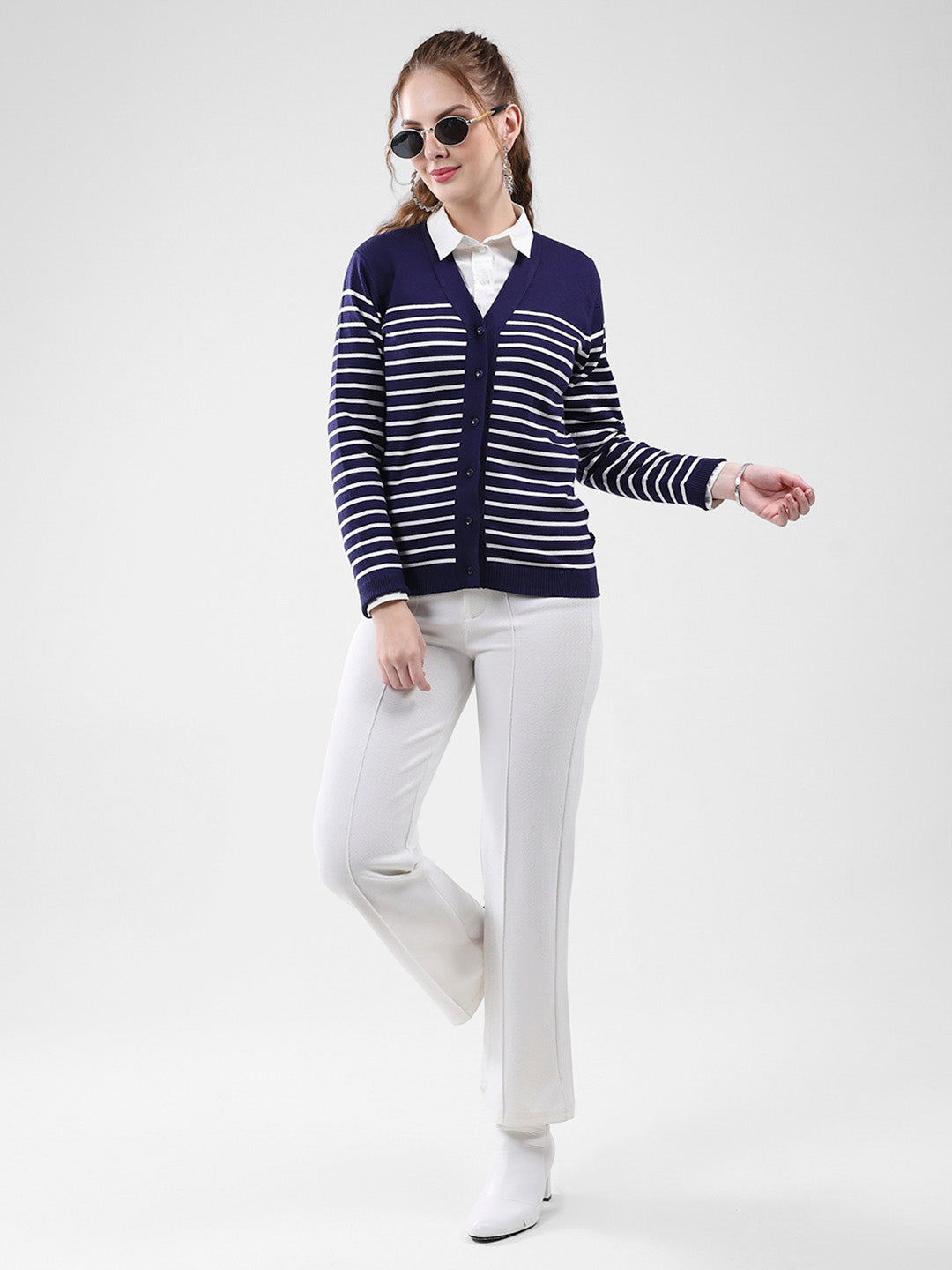 Women Blue Stripe V Neck Full Sleeve Cardigan