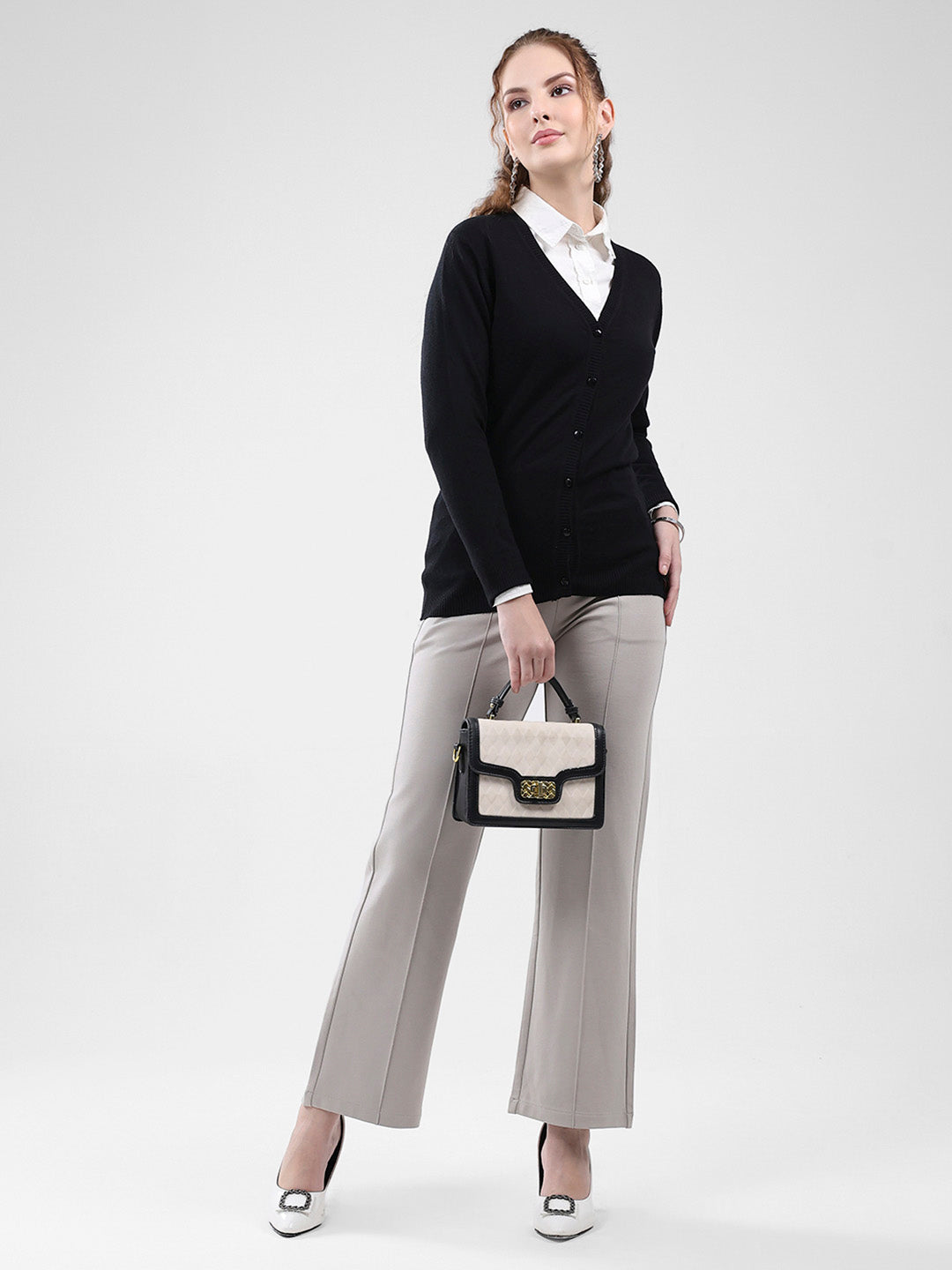 Women Black Solid V Neck Full Sleeve Cardigan