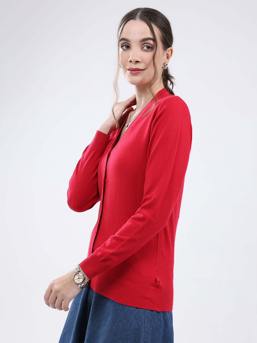Women Red Solid V Neck Full Sleeve Cardigan