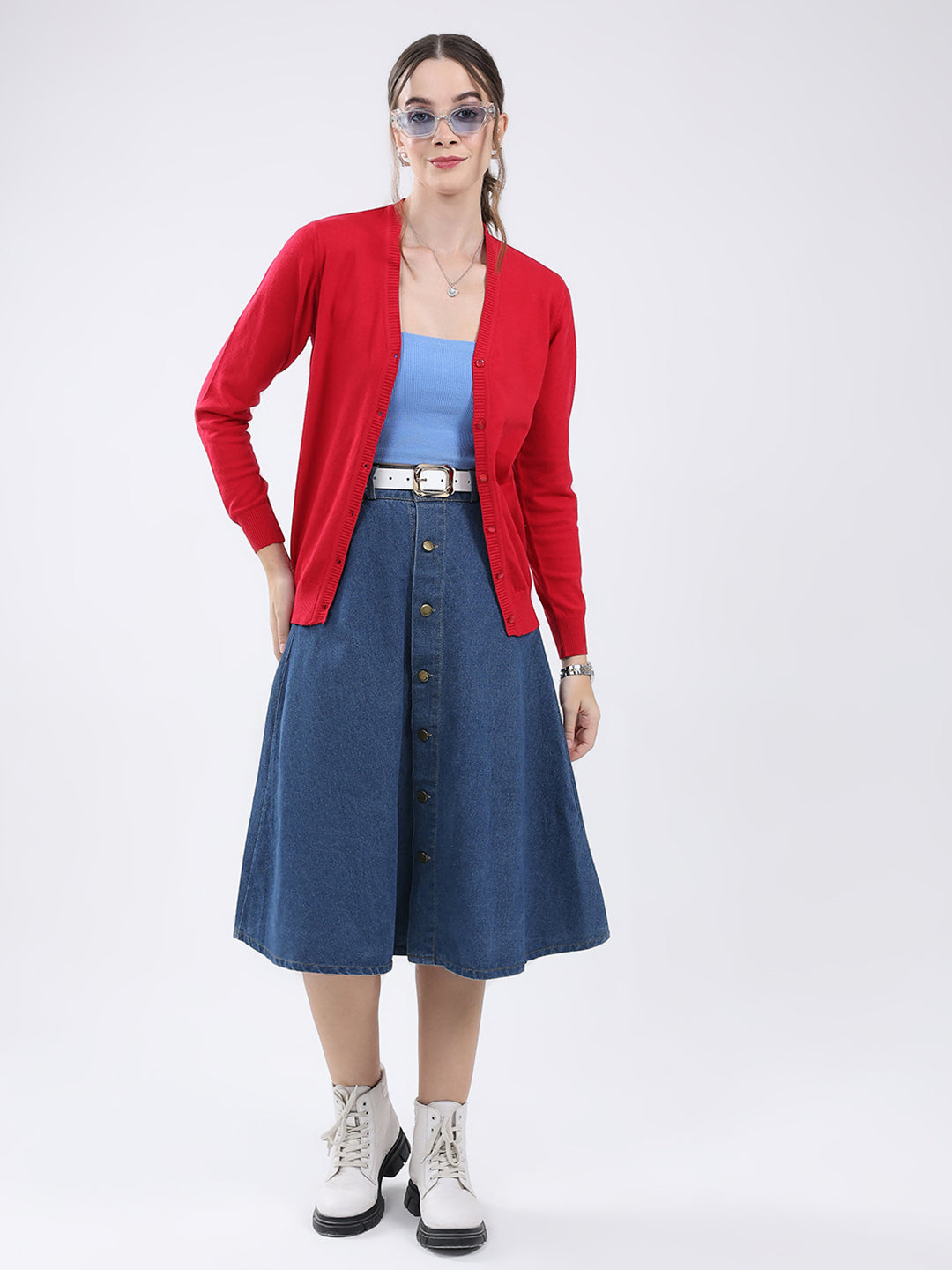 Women Red Solid V Neck Full Sleeve Cardigan