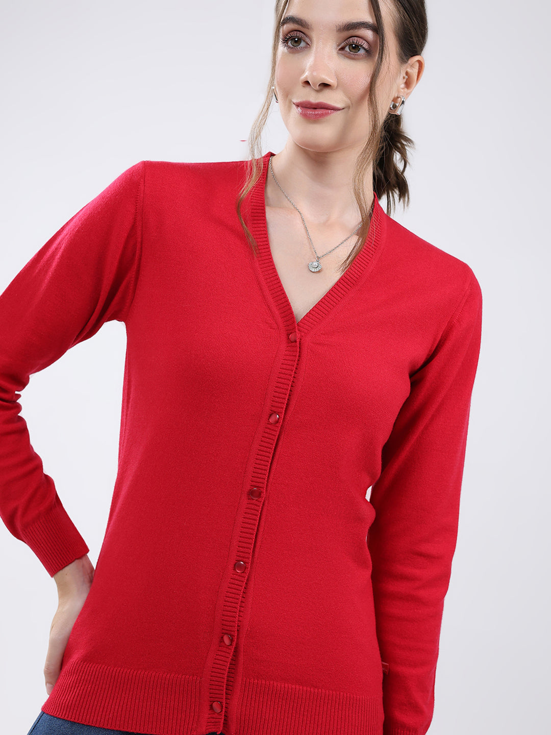 Women Red Solid V Neck Full Sleeve Cardigan