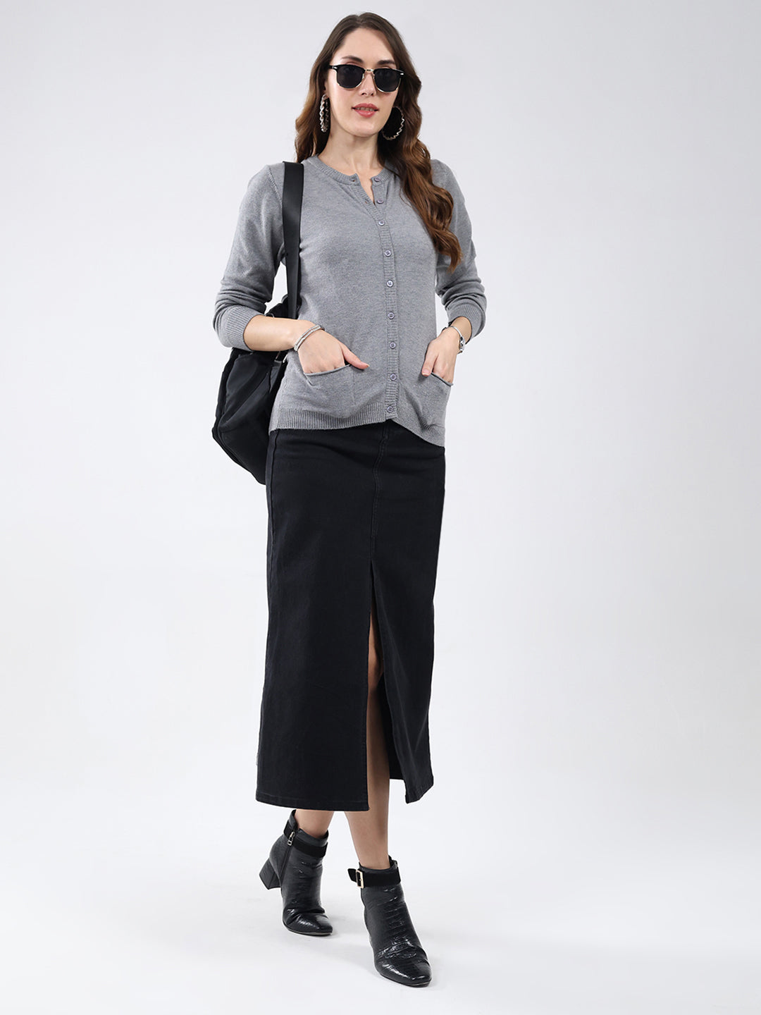 Women Grey Solid Round Neck Full Sleeve Cardigan