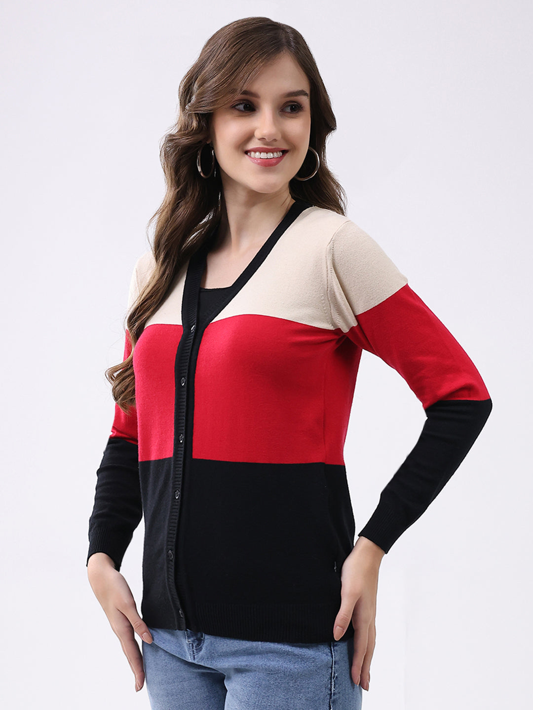 Women Multicolor Stripe V Neck Full Sleeve Cardigan