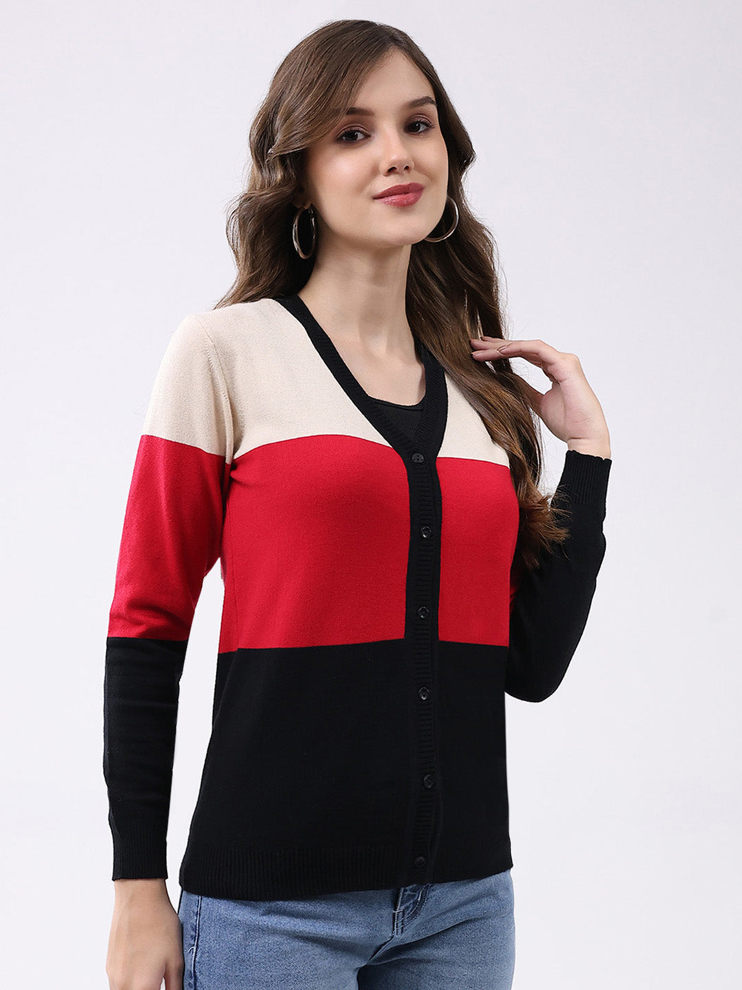 Women Multicolor Stripe V Neck Full Sleeve Cardigan