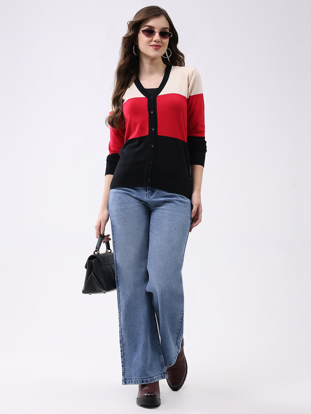 Women Multicolor Stripe V Neck Full Sleeve Cardigan