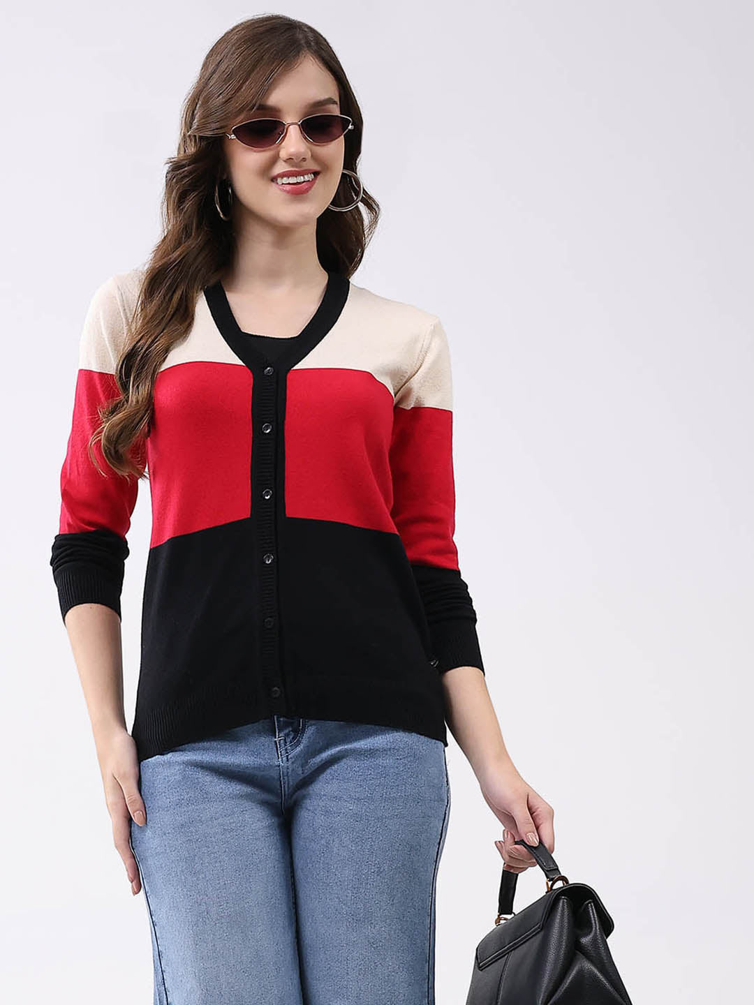 Women Multicolor Stripe V Neck Full Sleeve Cardigan
