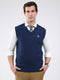Men Blue Self Design V Neck Sleeveless Sweater