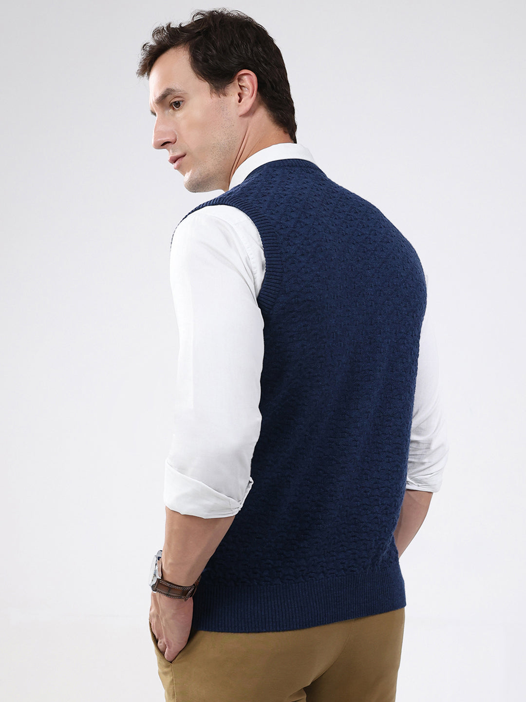 Men Blue Self Design V Neck Sleeveless Sweater
