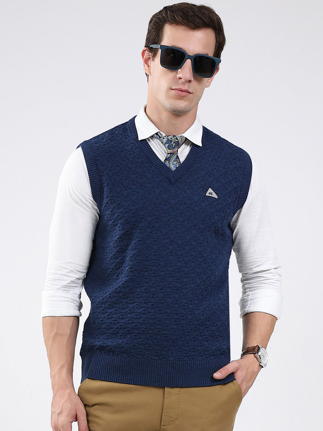 Men Blue Self Design V Neck Sleeveless Sweater