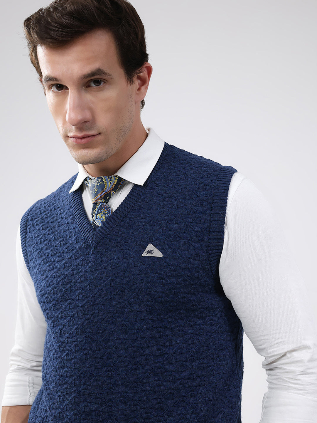 Men Blue Self Design V Neck Sleeveless Sweater