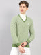 Men Green Self Design V Neck Full Sleeve Pullover