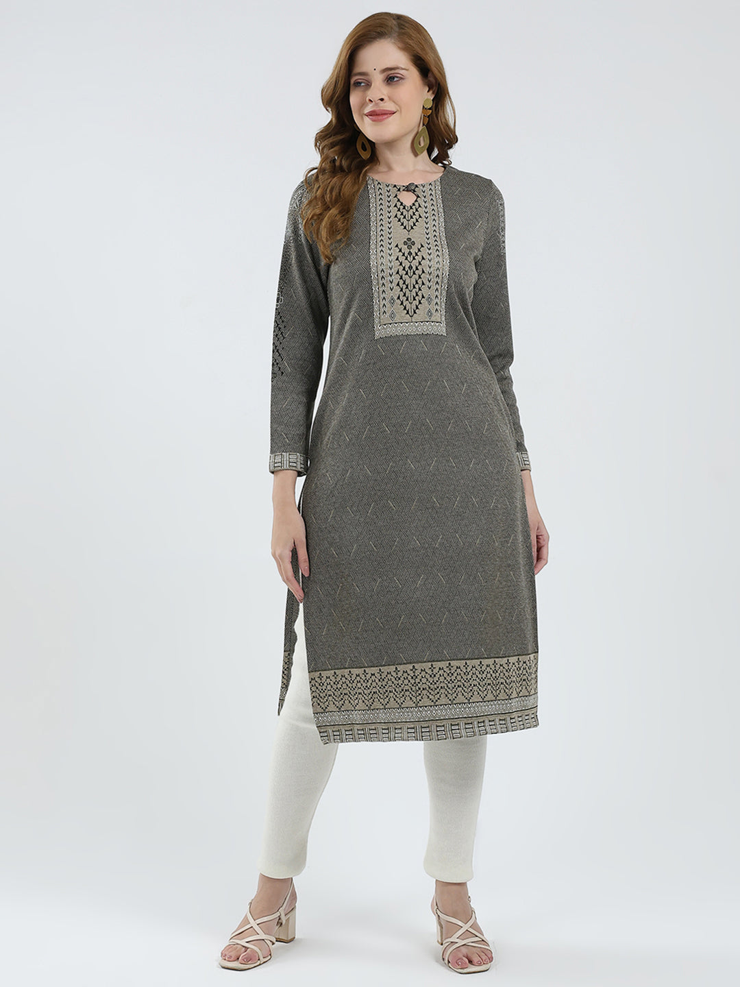 Women Grey Self Design Round Neck Full Sleeve Winter Kurti