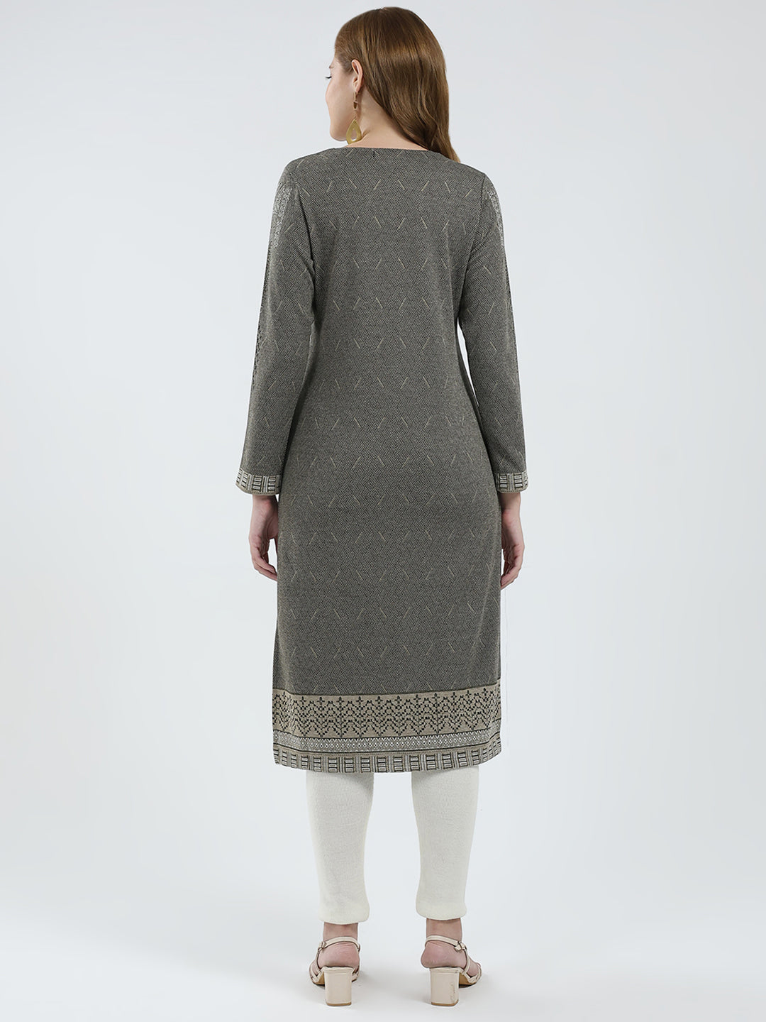 Women Grey Self Design Round Neck Full Sleeve Winter Kurti