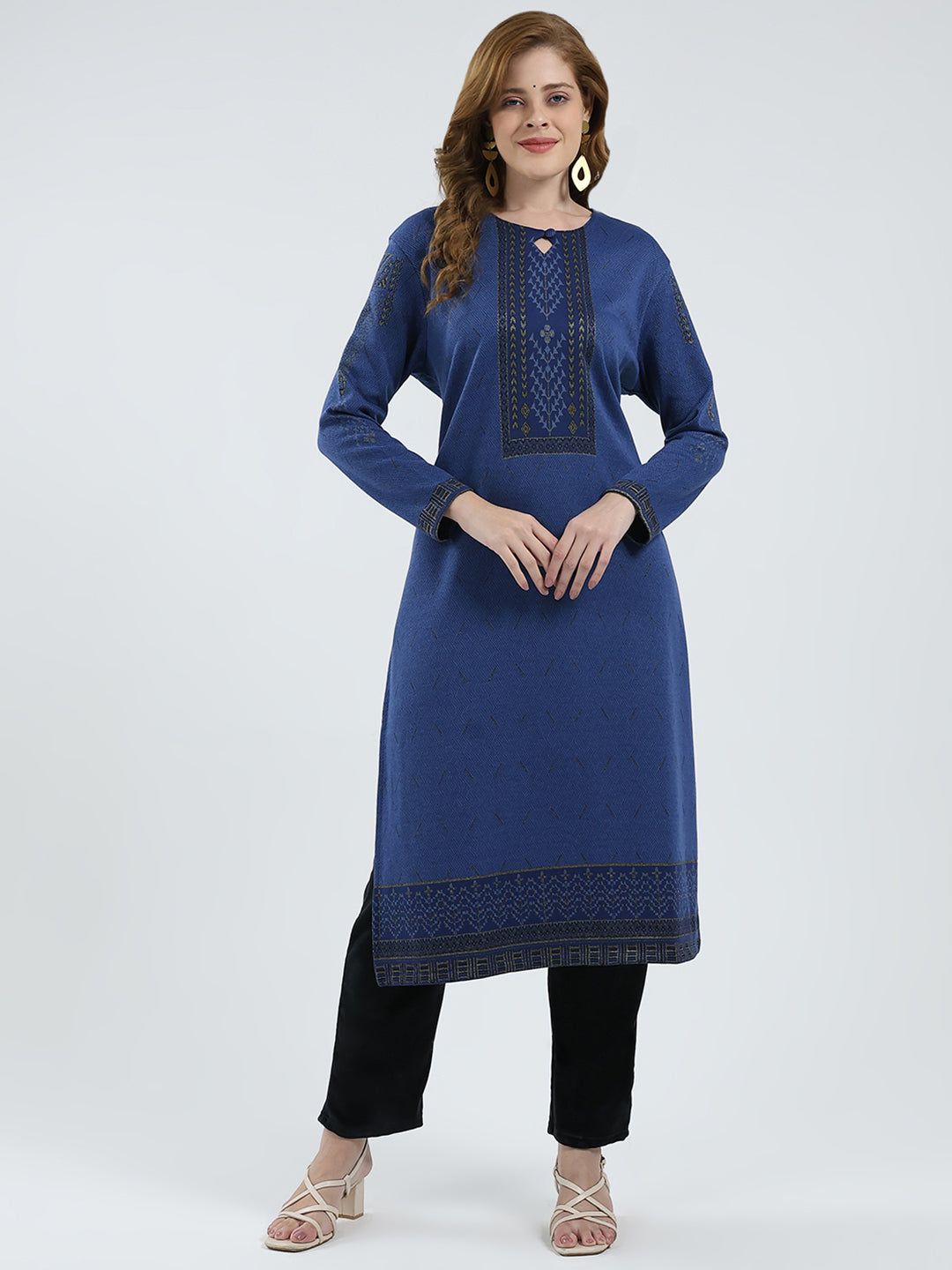 Women Blue Self Design Round Neck Full Sleeve Winter Kurti