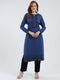 Women Blue Self Design Round Neck Full Sleeve Winter Kurti