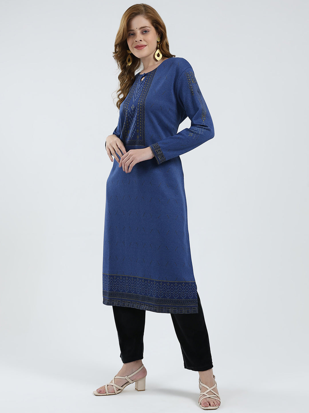 Women Blue Self Design Round Neck Full Sleeve Winter Kurti
