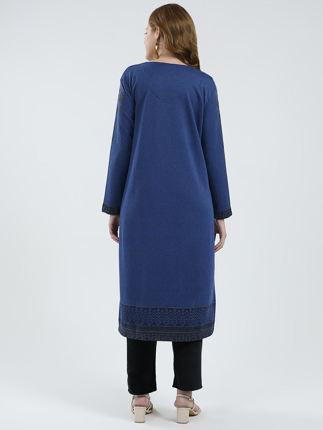 Women Blue Self Design Round Neck Full Sleeve Winter Kurti