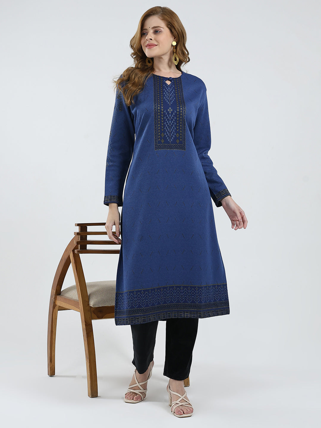 Women Blue Self Design Round Neck Full Sleeve Winter Kurti