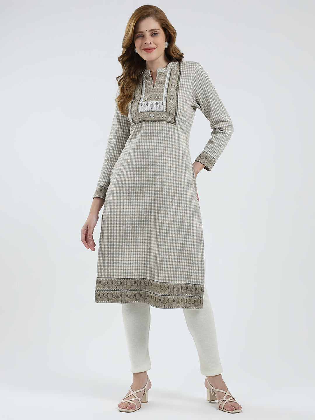 Women Beige Self Design Round Neck Full Sleeve Winter Kurti