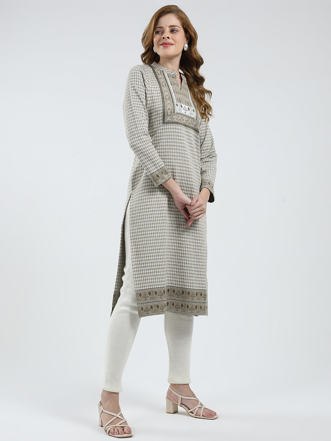 Women Beige Self Design Round Neck Full Sleeve Winter Kurti