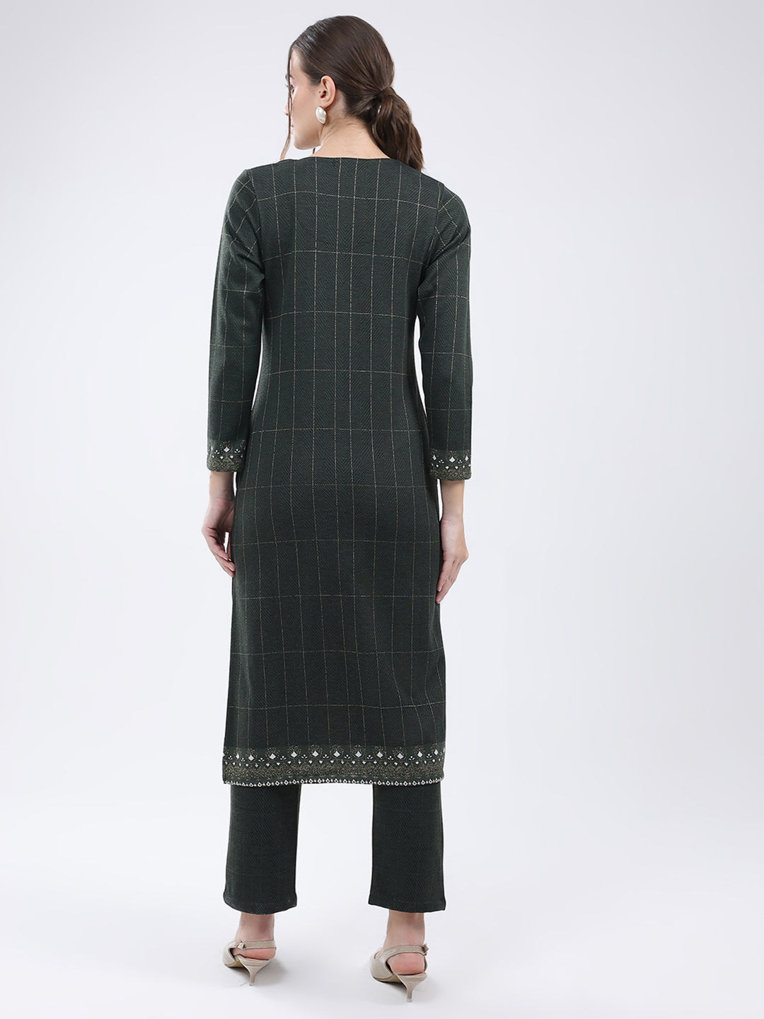 Women Green Self Design Round Neck Full Sleeve Kurti Set for Winter