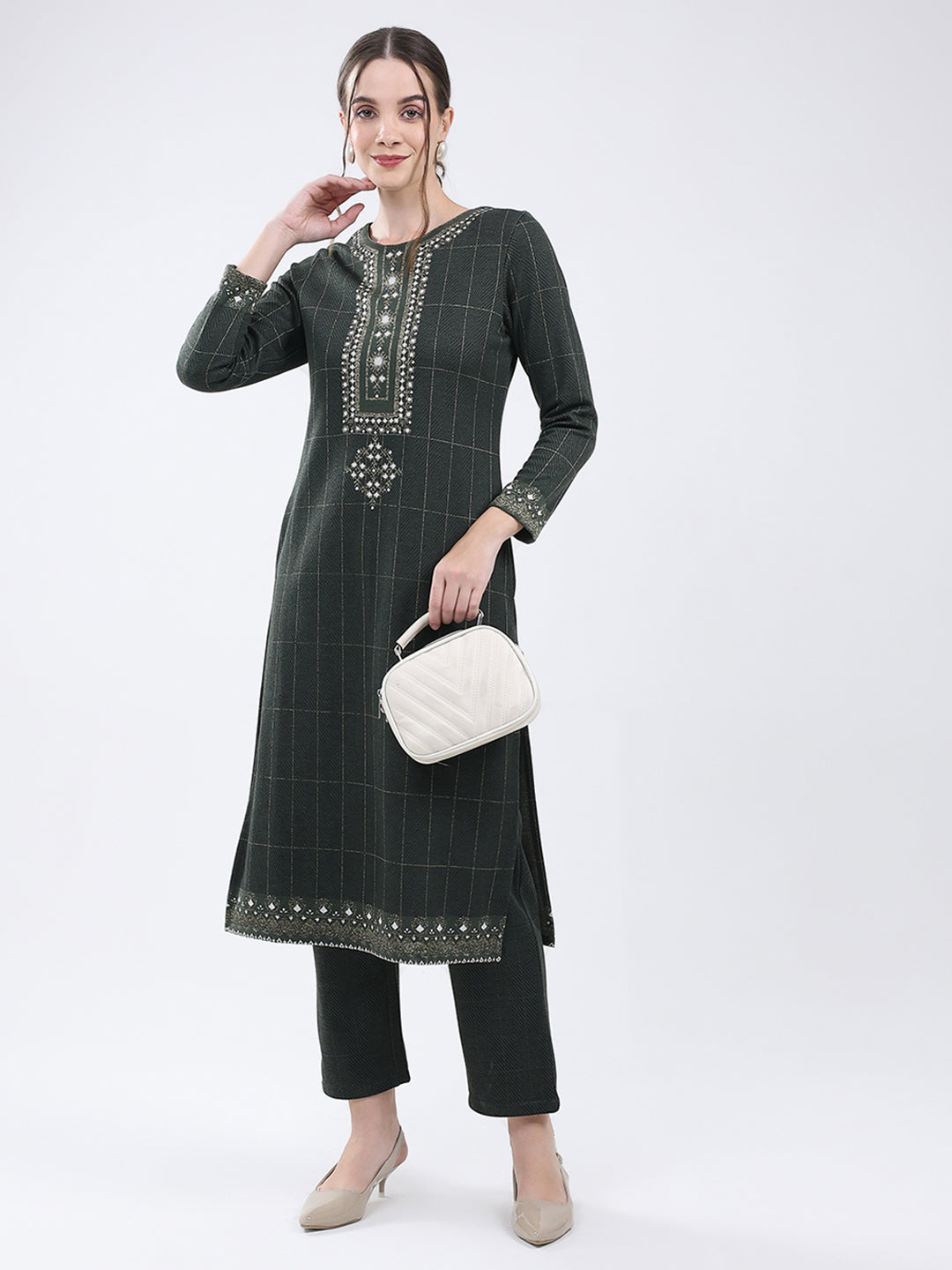 Women Green Self Design Round Neck Full Sleeve Kurti Set for Winter