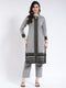Women Grey Self Design Band Neck Full Sleeve Kurti Set for Winter