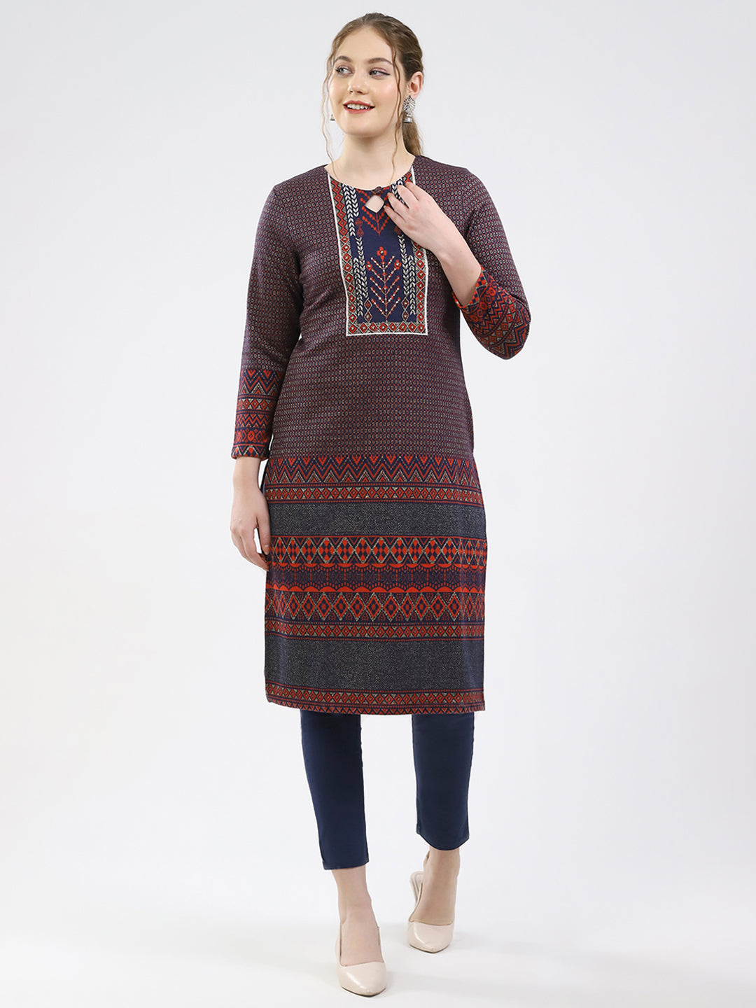 Women Maroon Printed Round Neck Full Sleeve Winter Kurti