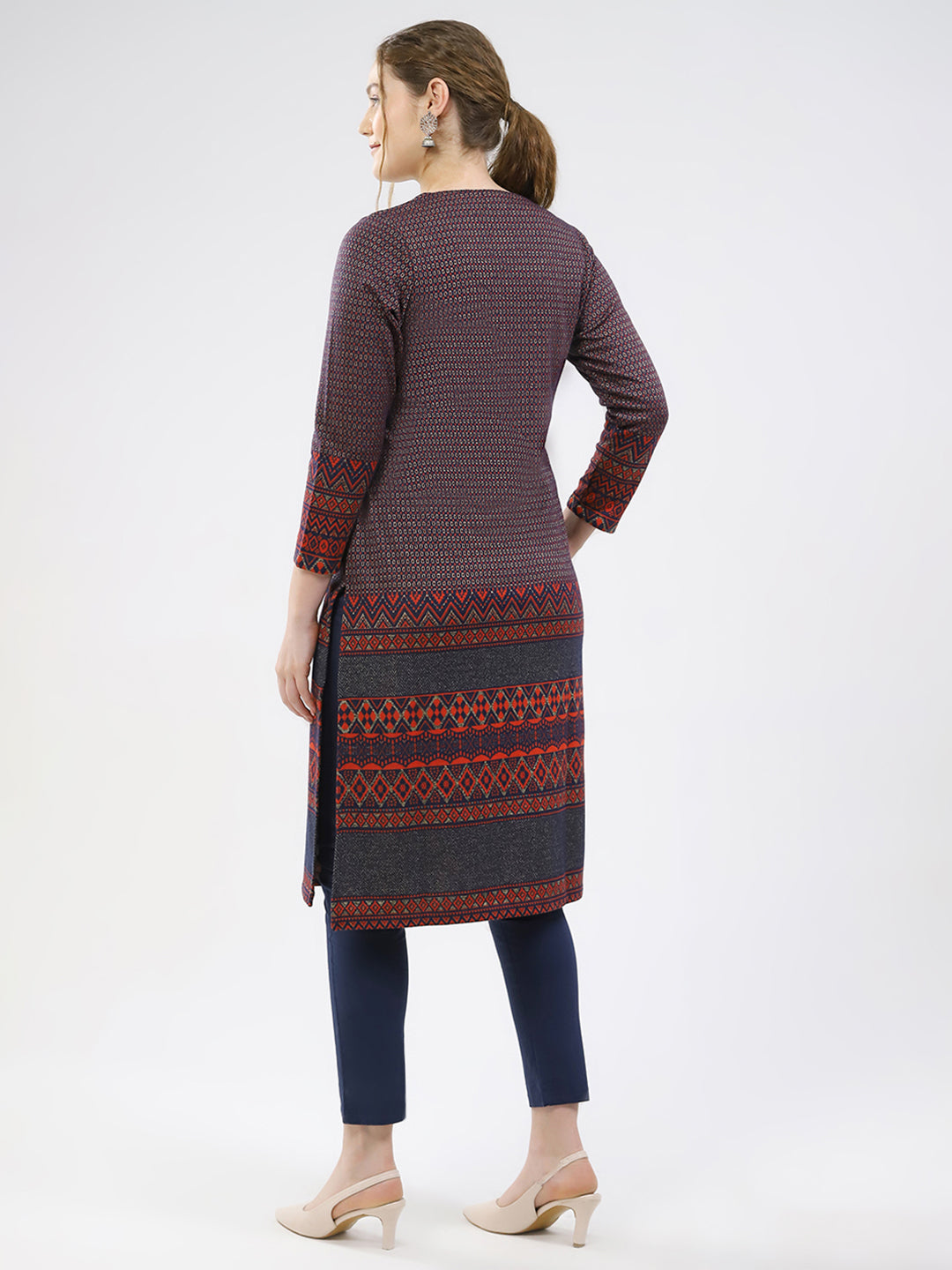 Women Maroon Printed Round Neck Full Sleeve Winter Kurti