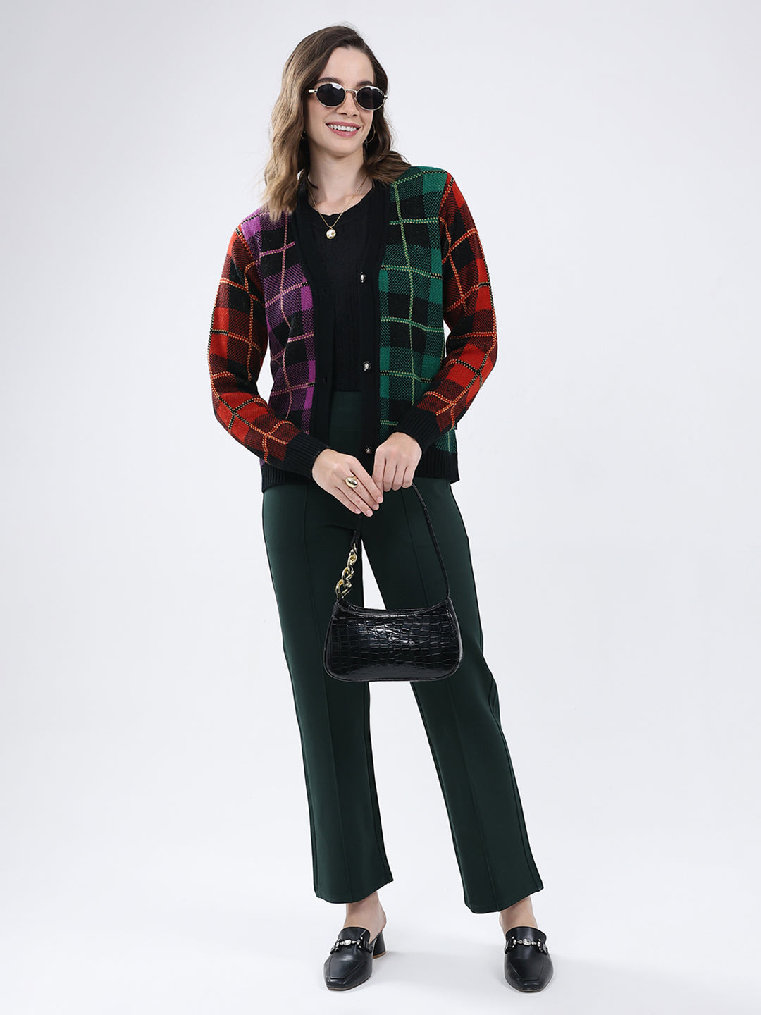 Women Multicolor Self Design V Neck Full Sleeve Cardigan