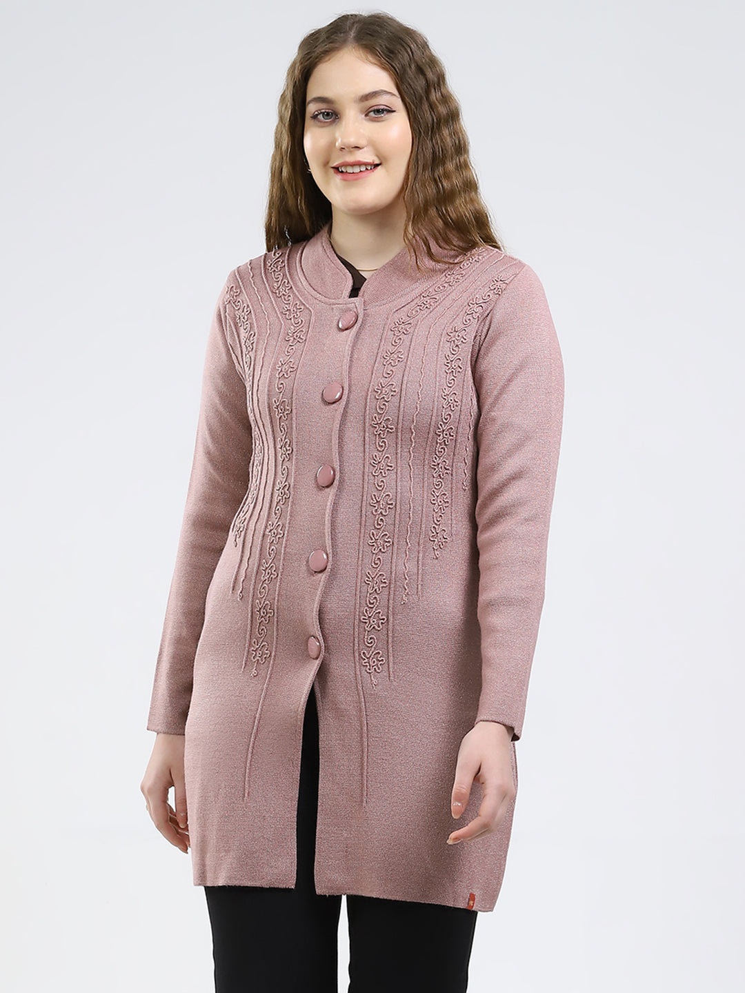 Women Pink Self Design Round Neck Full Sleeve Knitted Coat