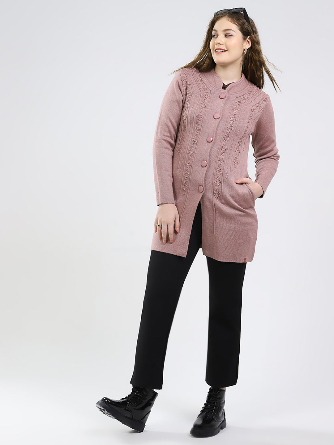 Women Pink Self Design Round Neck Full Sleeve Knitted Coat