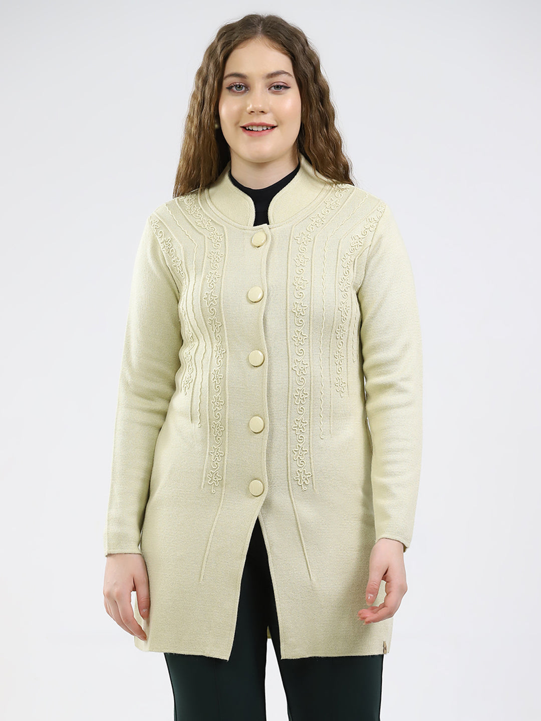 Women Cream Self Design Round Neck Full Sleeve Knitted Coat