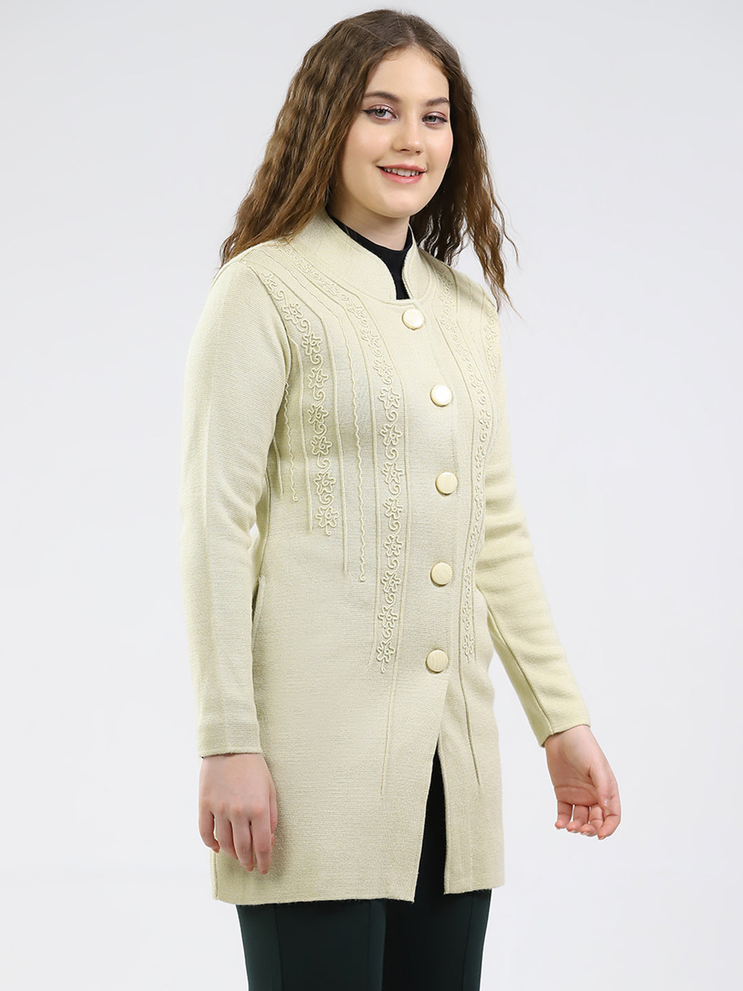 Women Cream Self Design Round Neck Full Sleeve Knitted Coat