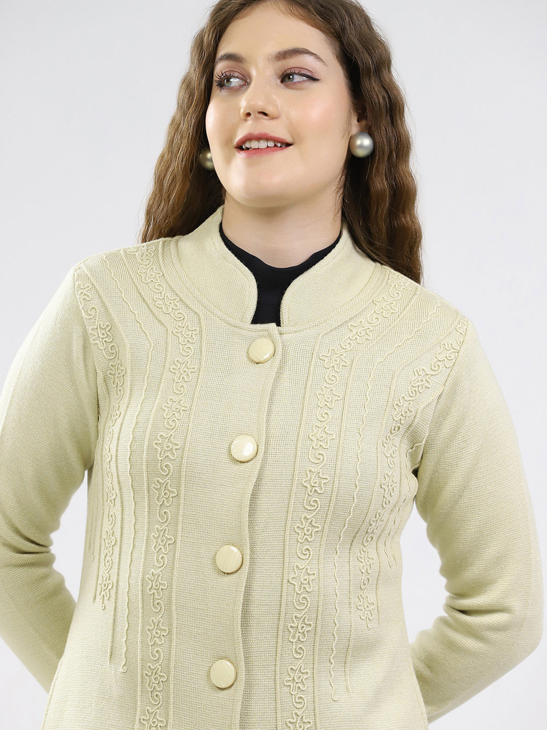 Women Cream Self Design Round Neck Full Sleeve Knitted Coat