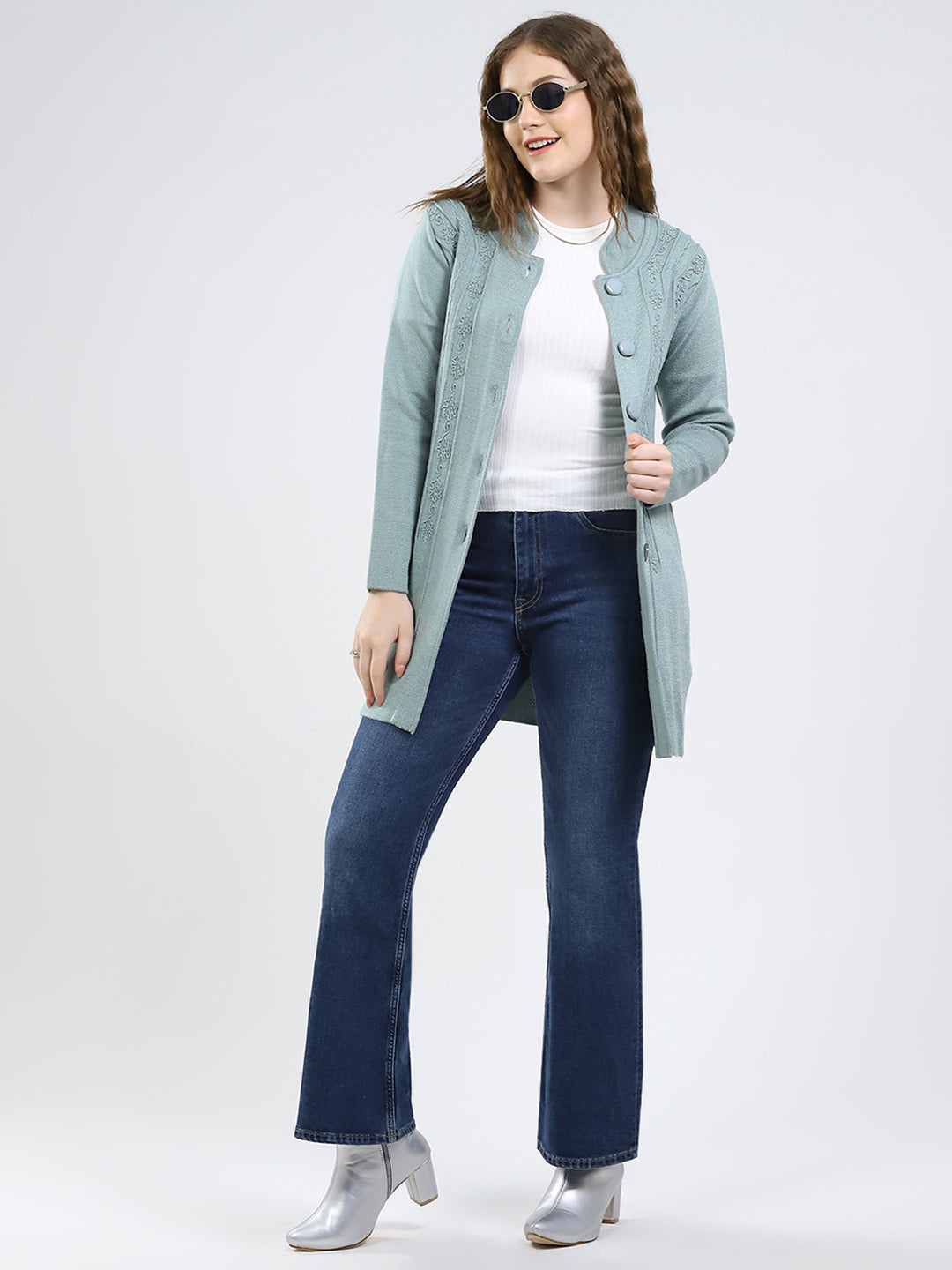 Women Green Self Design Round Neck Full Sleeve Knitted Coat