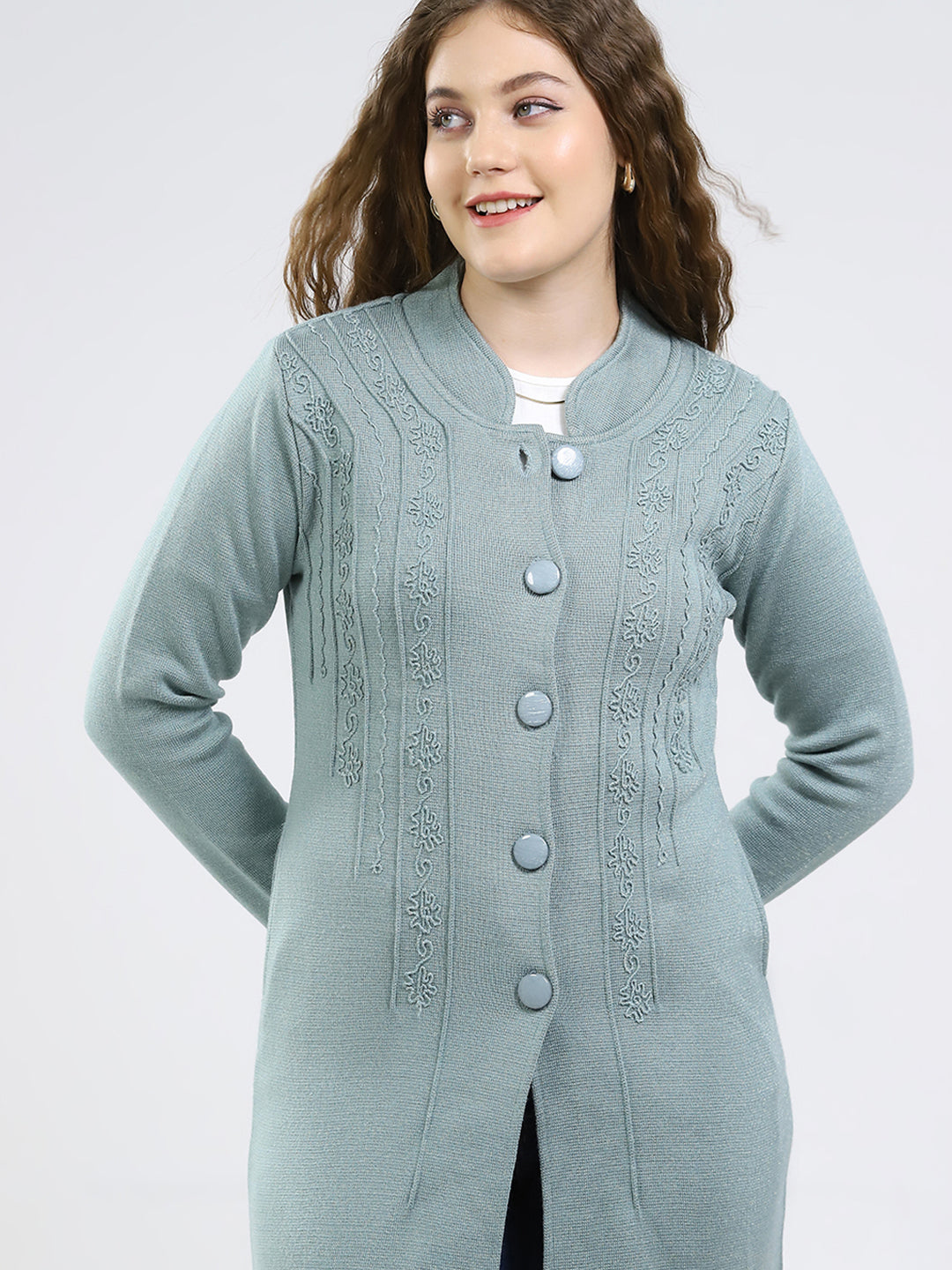 Women Green Self Design Round Neck Full Sleeve Knitted Coat