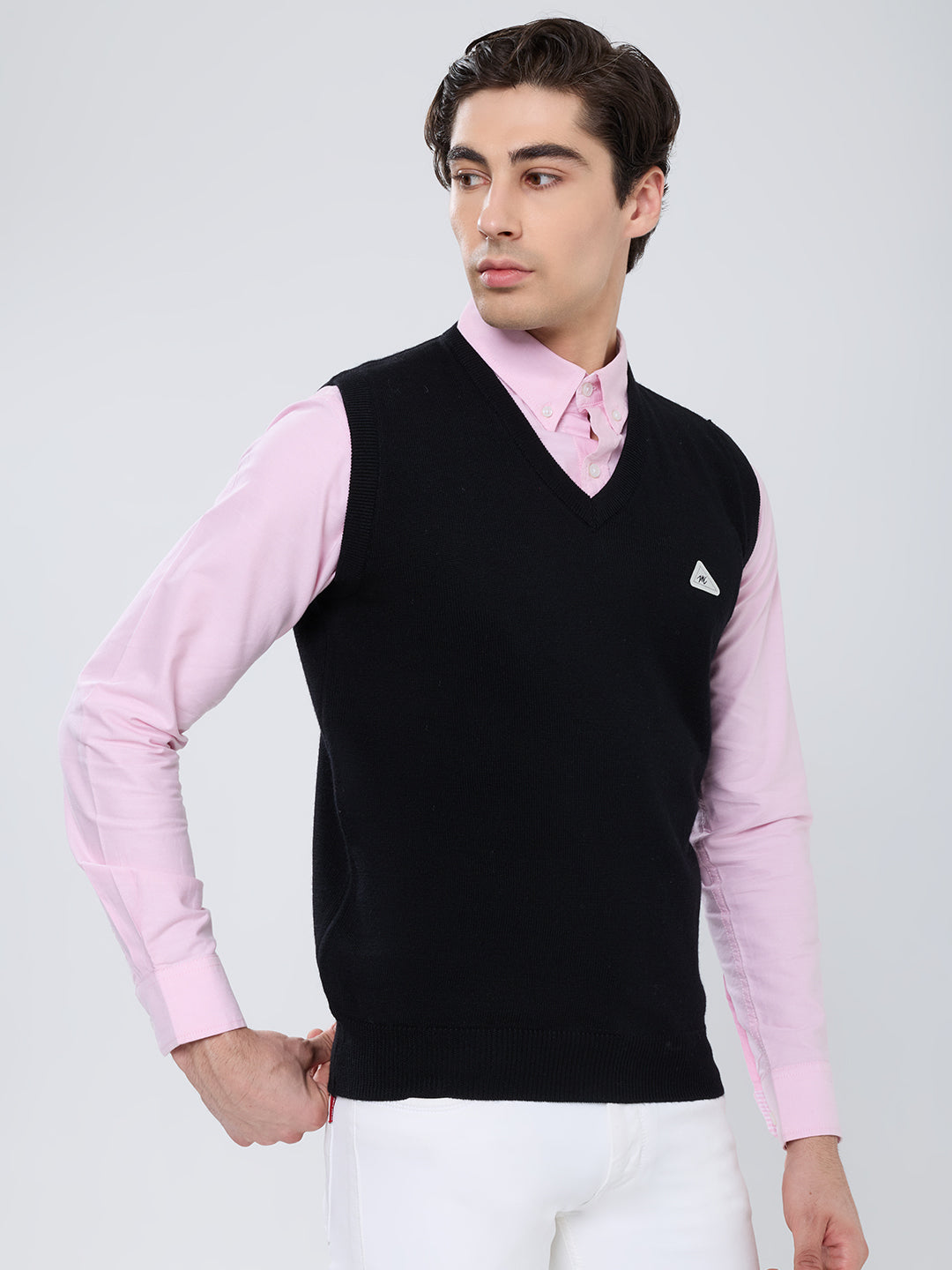Men Black Solid V Neck Sleeveless Sweater