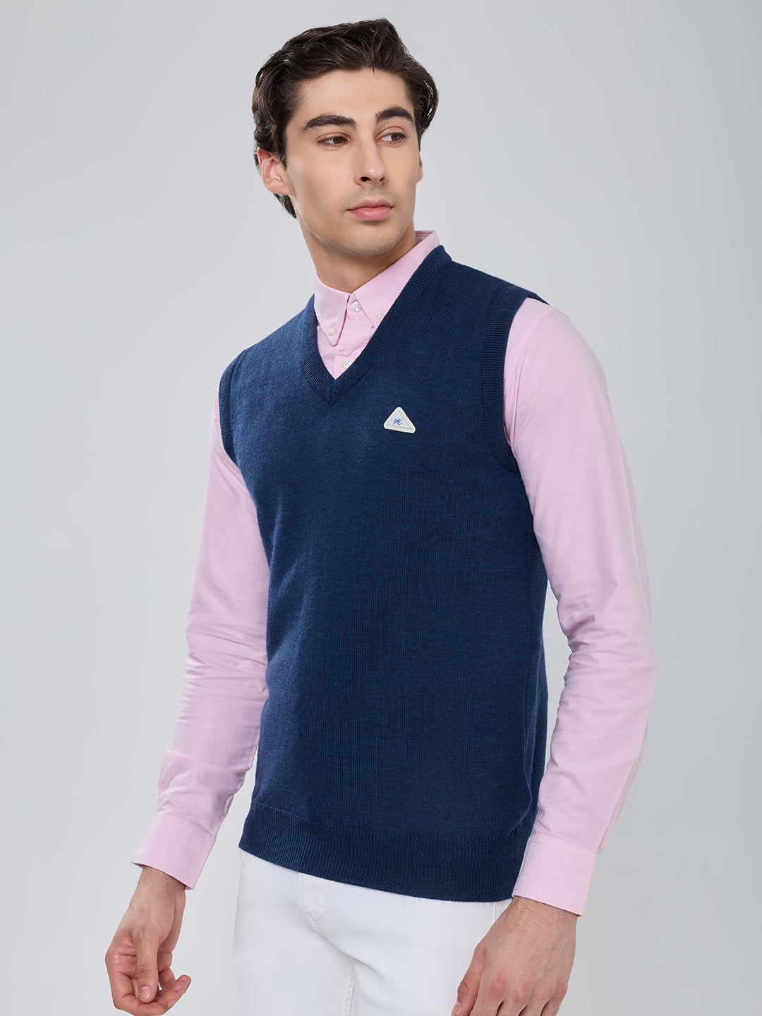 Men Navy Blue Solid V Neck Sleeveless Sweater
