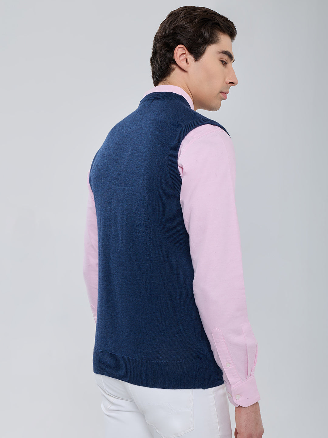 Men Navy Blue Solid V Neck Sleeveless Sweater
